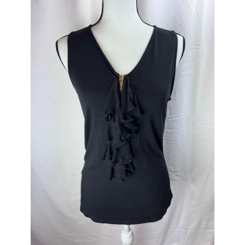 Michael Kors Women Black Tank Top Front Zipper with Ruffles - Size M (A201)